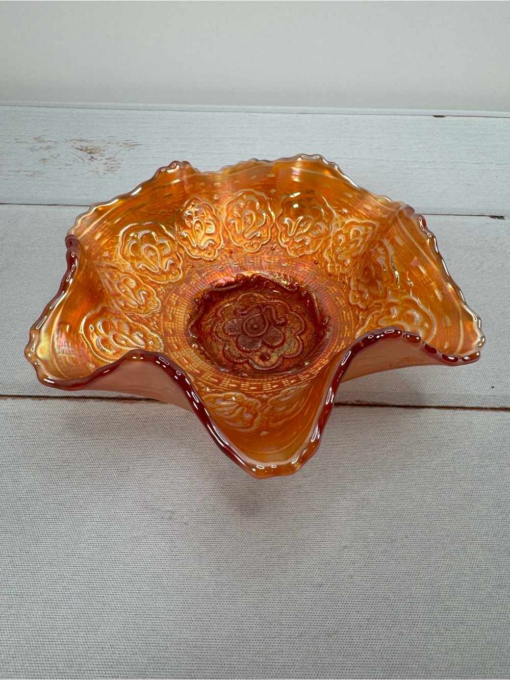 Vintage Fenton Persian Medallion Marigold Carnival Glass Ruffled Bowl